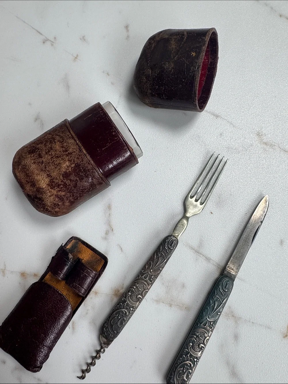 Antique Foldable Travel Fork & Knife Leather Camp Hike Unique Rare